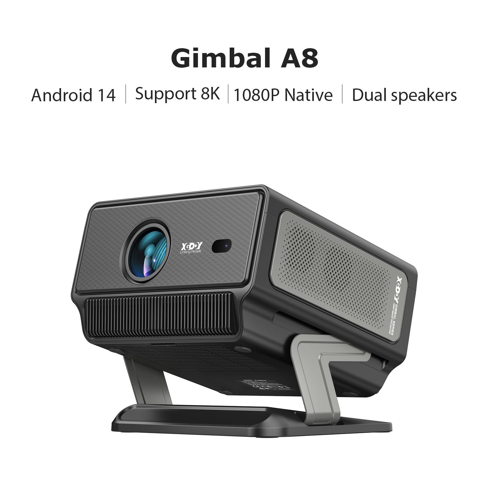 Gimbal A8 Portable Projector Android 14 With Native 1080P Support 8K Dual Speakers product photo from Xgody