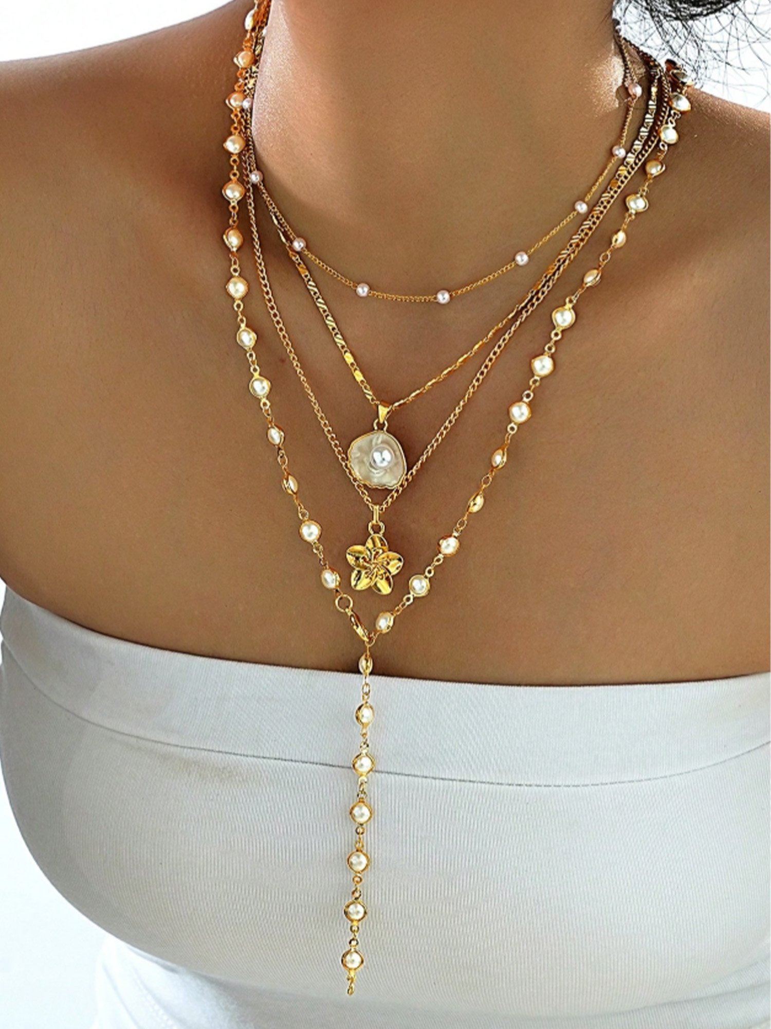 Vacation Gold Pearl Layered Floral Pendant Necklace product photo from Boozelele
