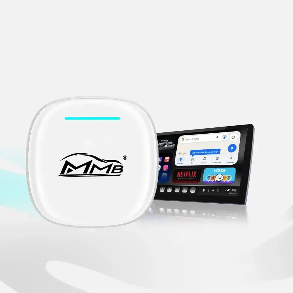 White MMB CarPlay AI Box displaying Android apps on a vehicle infotainment screen product photo from Carplaymmb