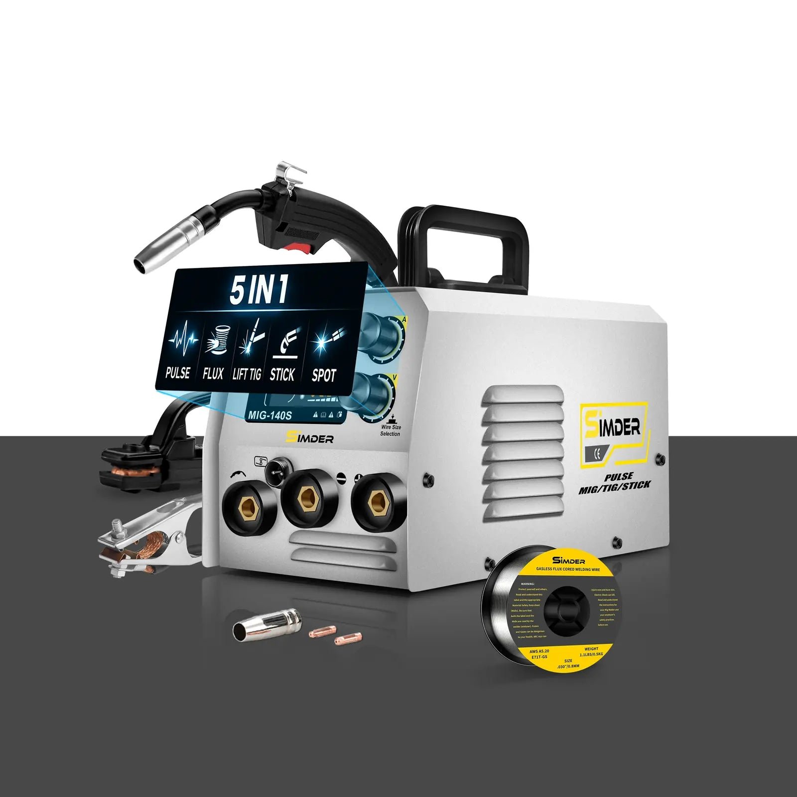 Loading image: SSimder MIG-140S Gasless 5 in 1 Pulse MIG Welder product photo from Ssimder